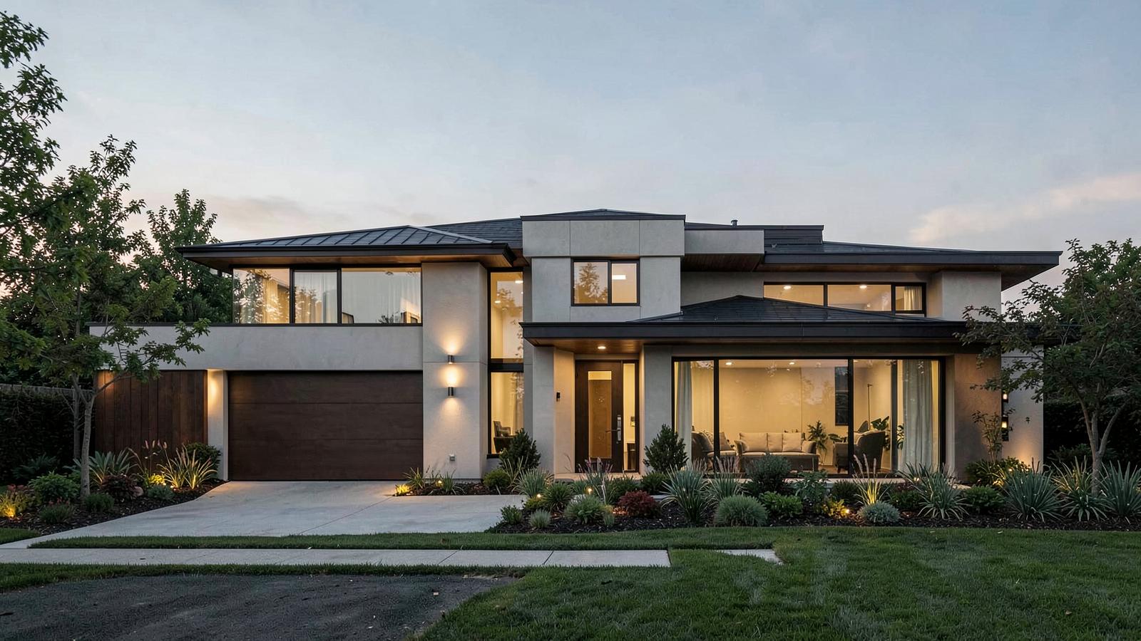 Finished modern home at dusk